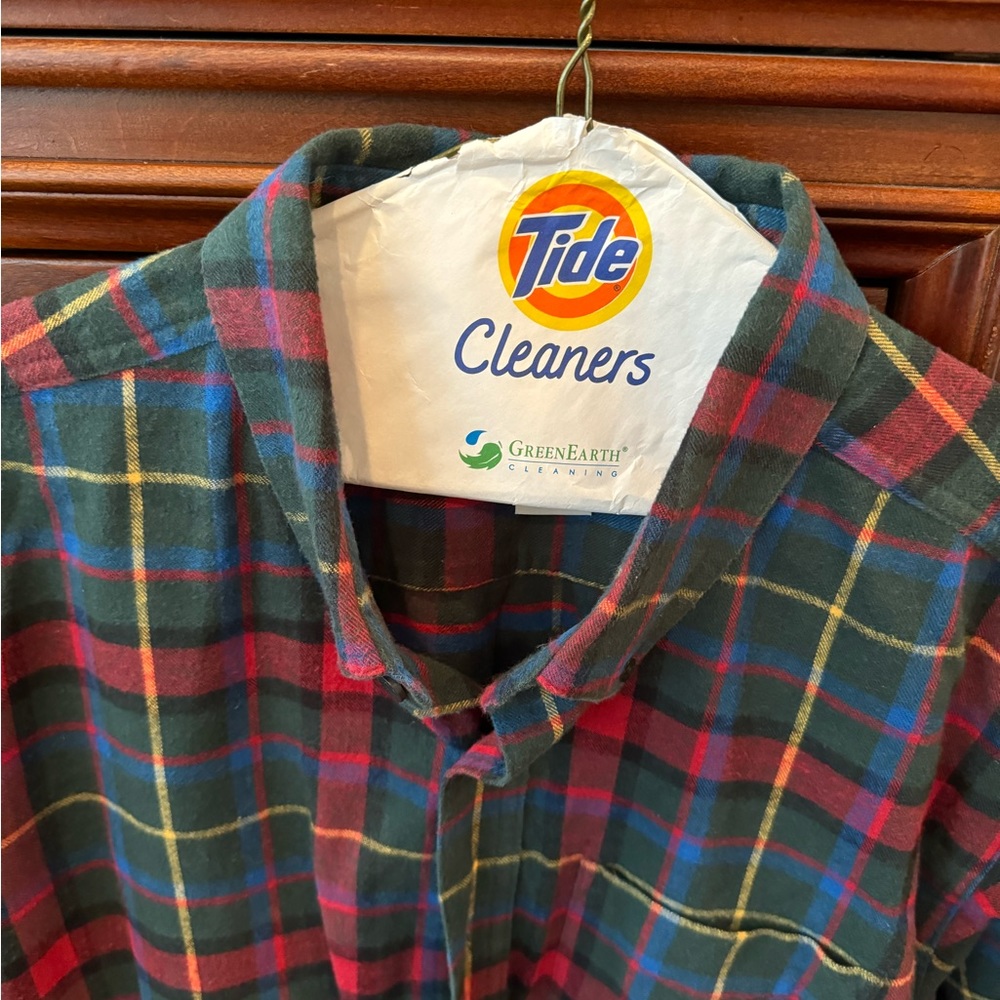 L.L. Bean flannel button-down, long sleeve, green/red/blue/black/yellow plaid.
